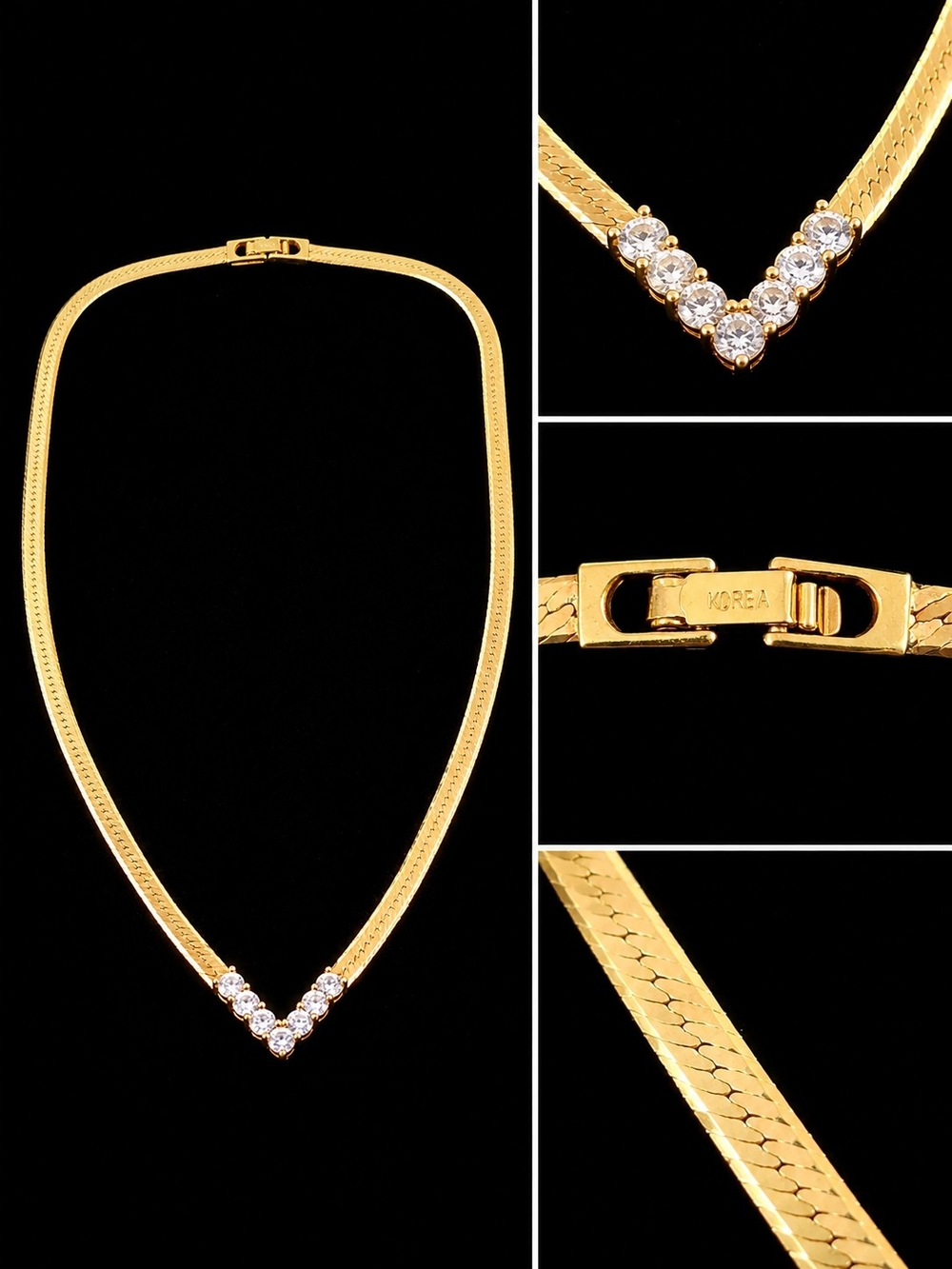 Vintage 1980s Korea Gold Tone Herringbone Necklace Rhinestone V Statement Collar